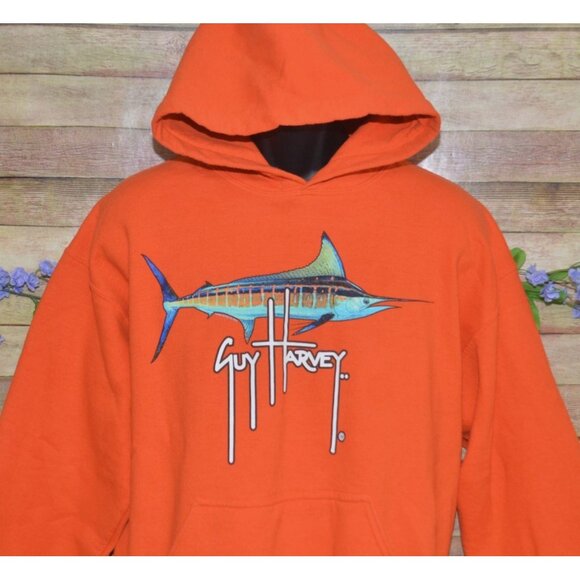 Guy Harvey Men's Orange Hoodie Pocket Sweatshirt Size L Swordfish & Logo Comfy - Picture 2 of 12